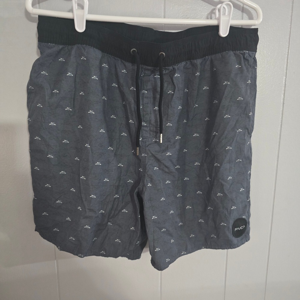 RVCA Board Shorts Mens Large Grey Geometric Print Elastic‎ Waist Swim Trunks